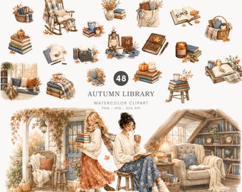 Paquete de imágenes prediseñadas de otoño en acuarela, imágenes PNG de lectura acogedora, imágenes prediseñadas de biblioteca de otoño, gráficos cottagecore - 561