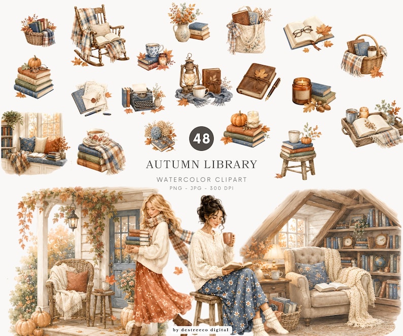 K&ouml;nnte beinhalten: Aquarell-Clipart-Set mit dem Titel "Autumn Library" mit verschiedenen gem&uuml;tlichen Herbst-Illustrationen. Enth&auml;lt B&uuml;cherstapel, K&uuml;rbisse, Teetassen, einen Schaukelstuhl und zwei lesende Frauen. Der Text "Autumn Library" ist sichtbar.