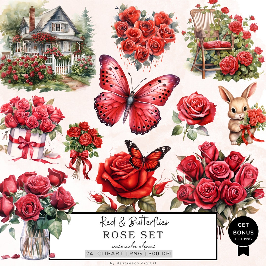 Red Roses and Butterfly Clipart, Rose Clipart, Flowers Png, Cottagecore ...
