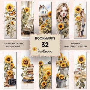 Signets tournesols imprimables, ensemble de signets imprimables, signets tournesols aquarelle imprimables, conception de sublimation de signet, numérique