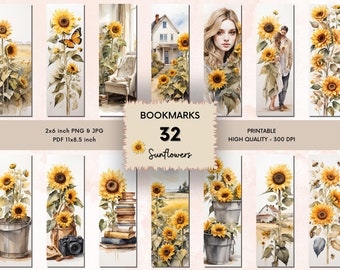 Sunflowers Bookmarks Printable, Printable Bookmarks Set, Watercolor Sunflowers Bookmarks Printable , Bookmark Sublimation Design, Digital
