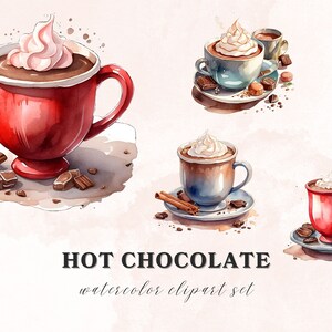 Pu&ograve; includere: Set di clipart ad acquerello di quattro tazze di cioccolata calda con panna montata. Le tazze sono di vari colori, tra cui rosso e blu. Le tazze sono circondate da pezzi di cioccolato e bastoncini di cannella.