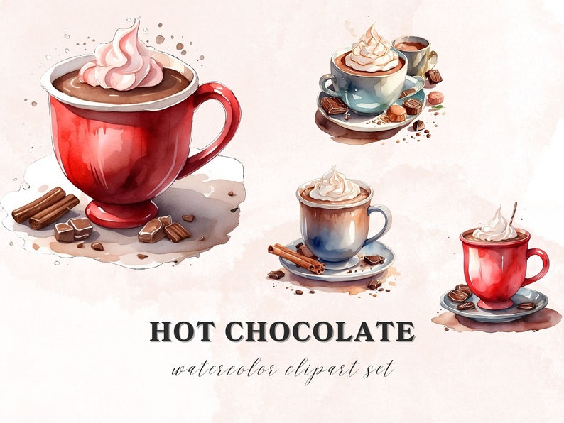 Pu&ograve; includere: Set di clipart ad acquerello di quattro tazze di cioccolata calda con panna montata. Le tazze sono di vari colori, tra cui rosso e blu. Le tazze sono circondate da pezzi di cioccolato e bastoncini di cannella.
