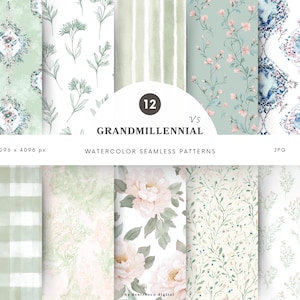 May include: A collection of 12 watercolor seamless patterns in soft pastel colors. The designs include floral, botanical, and geometric motifs, with the text "GRANDMILLENNIAL" and "WATERCOLOR SEAMLESS PATTERNS" displayed. The image is labeled "4096 x 4096 px" and "JPG".