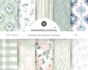 Watercolor Grandmillennial Seamless Patterns, Pastel Blue Pink Digital Paper, Vintage Floral Jpg, Plaid, Repeating Pattern, Scrapbook Paper
