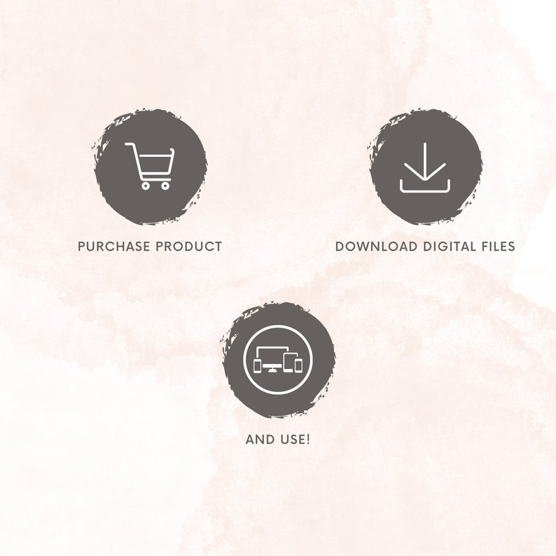 May include: Three gray circles with white icons and text underneath. The first circle has a shopping cart icon and the text "PURCHASE PRODUCT". The second circle has a download arrow icon and the text "DOWNLOAD DIGITAL FILES". The third circle has a computer monitor and two mobile phones icon and the text "AND USE!"
