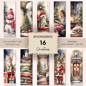 May include: Set of 16 printable Christmas bookmarks featuring various winter scenes, including a snowman, cats, a fireplace, a Christmas tree, and Santa Claus. The bookmarks are 2x6 inches and are available in PNG, JPG, and PDF formats.