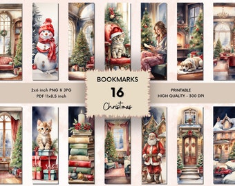 16 Cute Christmas Printable Bookmarks, Watercolor Bookmark Design Sheets, PNG Bookmark Sublimation, Printable Christmas Bookmarks Book