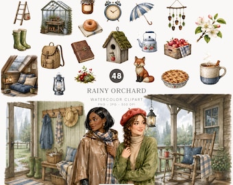 Aquarell Regnerischer Obstgarten Clipart, Herbst PNG, Cottagecore Grafiken, Bauernhaus Clipart - 578