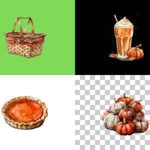 Puede incluir: Una ilustraci&oacute;n de acuarela de una cesta de picnic de oto&ntilde;o con un latte de especias de calabaza, una tarta de calabaza y una pila de calabazas.