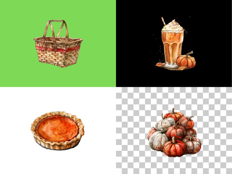 Puede incluir: Una ilustraci&oacute;n de acuarela de una cesta de picnic de oto&ntilde;o con un latte de especias de calabaza, una tarta de calabaza y una pila de calabazas.