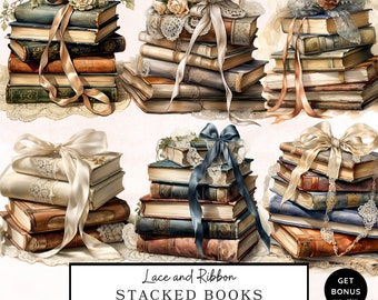 Stacked Books Clipart with Lace, Vintage Books Clipart, Bookworm Clipart, Book Lover Png, Printable Watercolor Clipart, Digital Download