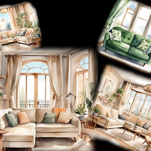 Scandinavian Living Room Watercolor Clipart, 16 PNG Clipart Bundle, Printable Graphics, Scrapbook Digital Download zdjęcie 6
