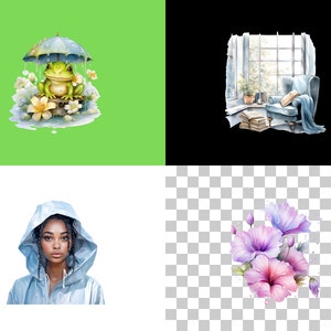May include: A watercolor illustration of a frog sitting under an umbrella with flowers and raindrops. The frog is green with a yellow belly and black eyes. The umbrella is blue and white. The flowers are white with yellow centers. The raindrops are blue.