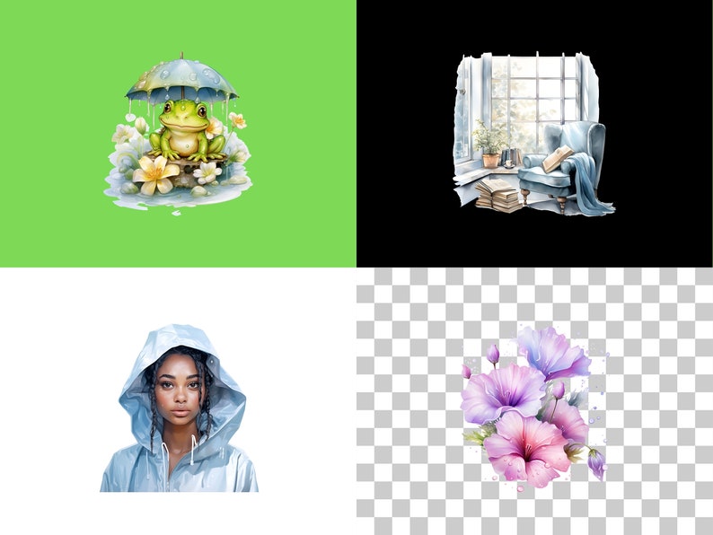 May include: A watercolor illustration of a frog sitting under an umbrella with flowers and raindrops. The frog is green with a yellow belly and black eyes. The umbrella is blue and white. The flowers are white with yellow centers. The raindrops are blue.