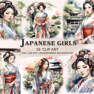 Japan Geisha Clipart, Japanese Girl Watercolor Clipart Bundle, 14 PNG Japan Artwork Clipart, Printable Graphics, Scrapbook Digital Download