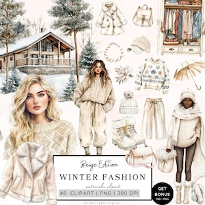 Gráficos de moda de invierno, imágenes prediseñadas de invierno acogedoras, chica elegante de invierno PNG, comodidad de invierno, gráficos de invierno beige, descarga digital de imágenes prediseñadas de moda