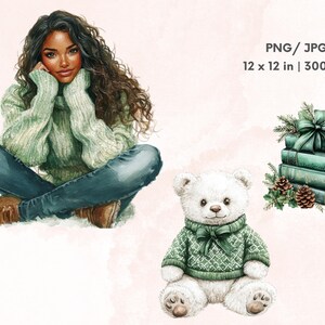 May include: A digital illustration of a woman wearing a green sweater and blue jeans sitting with a white teddy bear wearing a green sweater. The teddy bear is sitting on a white background. There is a stack of green books with a green bow on top of the books. The books are on a white background.