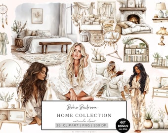 Watercolor Boho Bedroom Clipart, Cozy Cottagecore Clipart, Boho Life Png Bundle, Bohemian Clipart, Bed, Fireplace, Plants, Planner Girl Png