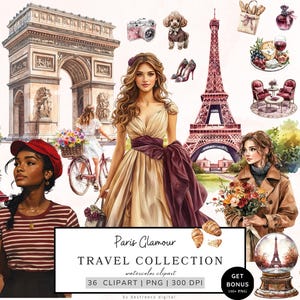 Clipart de aquarela de Paris, Clipart de viagem, Clipart romântico da França, Clipart da Torre Eiffel, Café francês Png, Croissant, Download digital