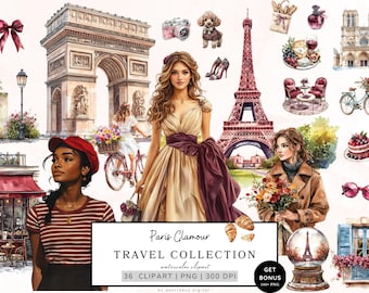 Watercolor Paris Clipart, Travel Clipart, Romantic France Clipart, Eiffel Tower Clipart, French Coffee Shop Png, Croissant, Digital Download