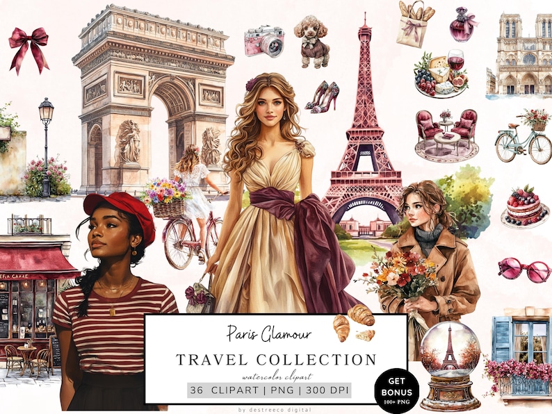 May include: A watercolor clipart collection featuring Parisian landmarks, fashion, and travel elements. The collection includes the Eiffel Tower, Arc de Triomphe, a woman in a dress, a dog, a cafe, and a snow globe. The text "Paris Glamour Travel Collection" is displayed at the bottom of the image.