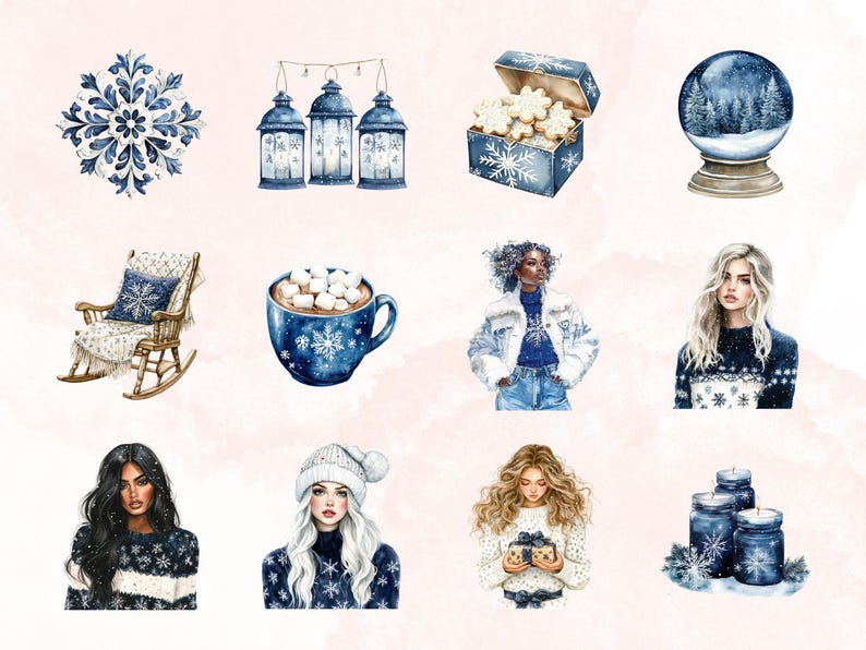 May include: Watercolor illustrations of winter-themed items. Includes a snowflake, lanterns, a box of cookies, a snow globe, a rocking chair, a mug of hot chocolate, and women in sweaters. The color palette is primarily blue and white.