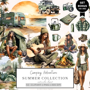 Acuarela verano clipart, camping clipart, campamento tienda png, fogata, linterna, mochila, viaje clipart, bosque png, campamento de playa png, descargar