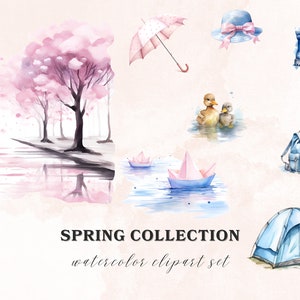 May include: Watercolor clipart set featuring spring-themed illustrations. The set includes a pink umbrella, a pink hat with a bow, a pair of blue boots, two ducks, a blue backpack, a blue tent, and a pink cherry blossom tree with a reflection in a puddle.
