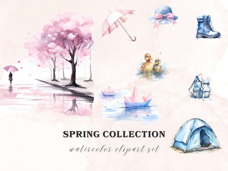May include: Watercolor clipart set featuring spring-themed illustrations. The set includes a pink umbrella, a pink hat with a bow, a pair of blue boots, two ducks, a blue backpack, a blue tent, and a pink cherry blossom tree with a reflection in a puddle.
