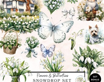 Snowdrops and Butterfly Clipart, Wildflower Clipart, Flowers Png, Cottagecore Clipart, Floral Png, Watercolor Clipart Set, Digital Download