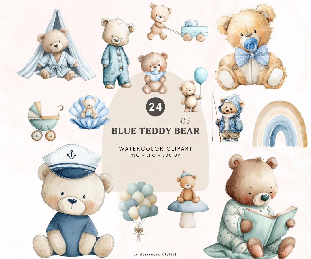 Watercolor Teddy Bear Clipart, Baby Blue Teddies Png Bundle, Nursery ...