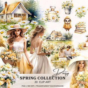 May include: A watercolor illustration of a spring collection featuring daisies, a house, a woman in a white dress holding a bouquet of daisies, a woman in a yellow dress holding a bouquet of daisies, a family sitting on a blanket, a woman holding an umbrella and a bouquet of daisies, and a bird wearing a yellow jacket.