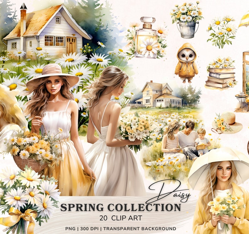 May include: A watercolor illustration of a spring collection featuring daisies, a house, a woman in a white dress holding a bouquet of daisies, a woman in a yellow dress holding a bouquet of daisies, a family sitting on a blanket, a woman holding an umbrella and a bouquet of daisies, and a bird wearing a yellow jacket.