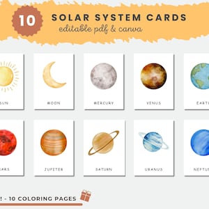 Sonnensystem Lernkarten | Montessori Karten | Planeten Kinderzimmer Poster | Homeschool Lernen | Bearbeitbares Pdf & Canva Template | Digital