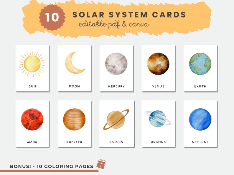 Solar System Printable Flashcards Montessori Cards Planets - Etsy México