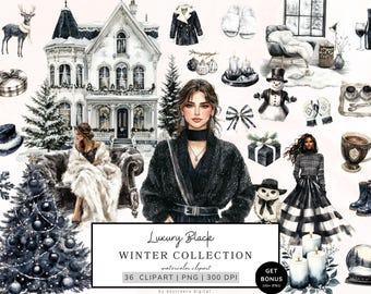 Winter Clipart Bundle, Luxury Black Winter Clipart, Snowflakes Png, Christmas Graphics, Cozy Winter Graphics, Cottagecore, Digital Download