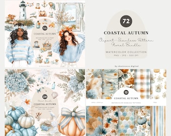 Watercolor Coastal Autumn Clipart Collection, Cozy Fall Png, Autumn Beach Graphics, Fall Aesthetics Png, Cottagecore Clipart, Pumpkin Png