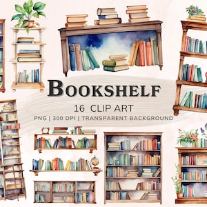 Bookshelf Clipart, Watercolor Book Clipart, Vintage Clipart Set, PNG/JPG, Bookshelves Transparent Background, Book Lover, Digital Download