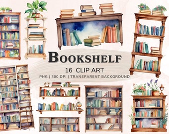 Bookshelf Clipart, Watercolor Book Clipart, Vintage Clipart Set, PNG/JPG, Bookshelves Transparent Background, Book Lover, Digital Download
