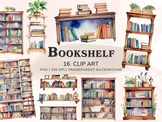 Bookshelf Clipart, Watercolor Book Clipart, Vintage Clipart Set, PNG/JPG, Bookshelves Transparent Background, Book Lover, Digital Download