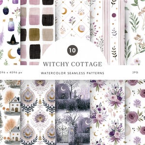 May include: A collection of ten seamless digital patterns featuring watercolour illustrations of witchy cottage themes, including moons, houses, flowers, potions, and stars, with the text Witchy Cottage Watercolour Seamless Patterns.