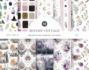 Nahtlose Aquarellmuster im Hexenstil, digitales Papier mit lila Blumenmuster, Halloween-Cottagecore-Scrapbook-JPG – P70