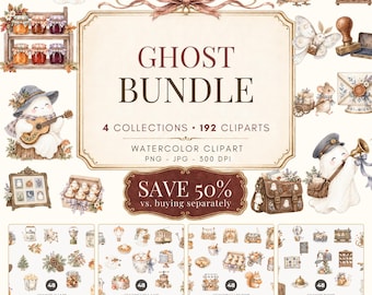 Pacchetto di clipart di fantasmi ad acquerello, Halloween PNG, grafica per cottage autunnale, uso commerciale