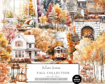 Autumn Landscape Clipart, Fall Clipart, Autumn Scenes Png, Cozy Autumn Clipart, Fall Fraphics, Autumn Cottagecore, Pumpkin, Digital Download