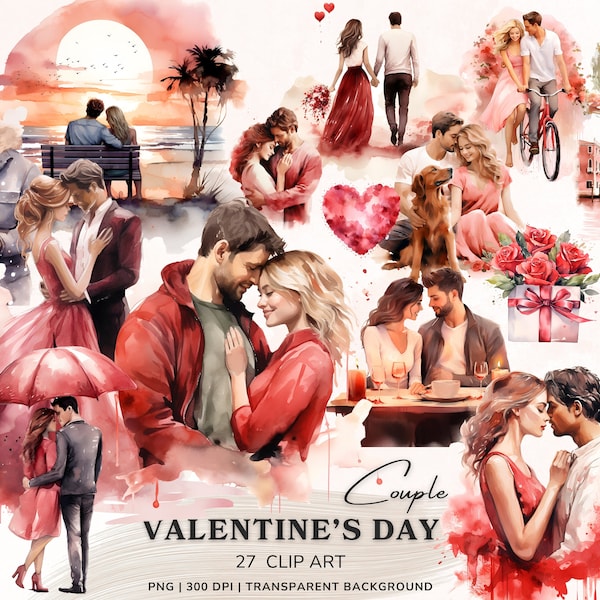 Romantic Couple Valentines Clipart Bundle, Watercolor Valentines Day Png, Love Clipart, Valentine Sweets Png, Heart Clipart Digital Stickers