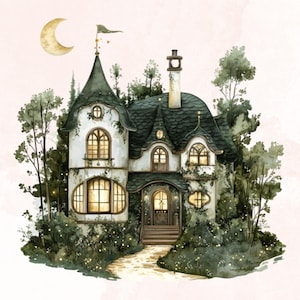 May include: A whimsical, white, and green, multi-story house with a pointed roof and a crescent moon in the sky. The house is surrounded by lush greenery and has windows with glowing lights.