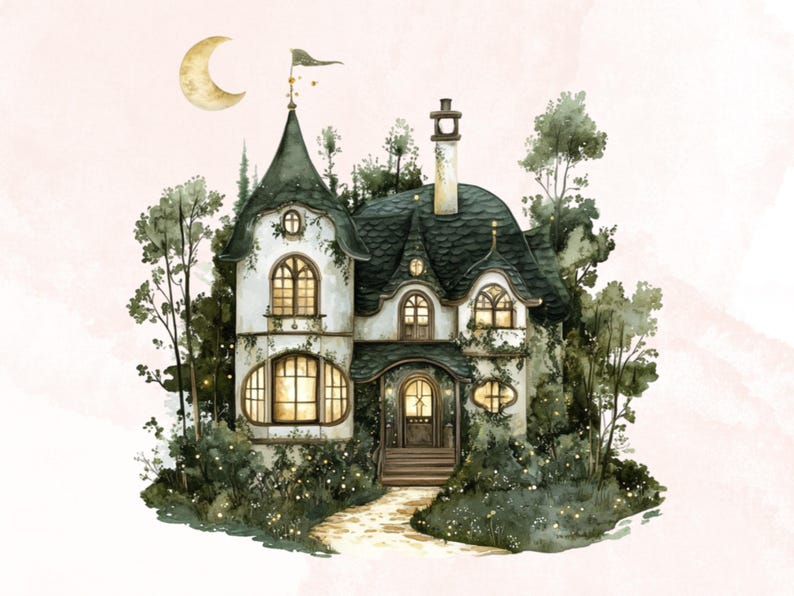 May include: A whimsical, white, and green, multi-story house with a pointed roof and a crescent moon in the sky. The house is surrounded by lush greenery and has windows with glowing lights.