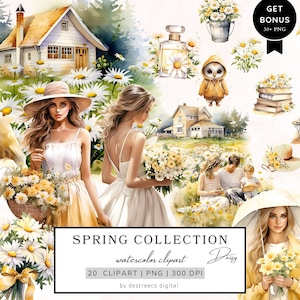 Clipart printemps aquarelle, Daisy Spring Clipart Bundle, Daisy Png, graphiques de voyage, impression Daisy, fille aquarelle, autocollants numériques saisonniers