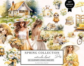 Watercolor Spring Clipart, Daisy Spring Clipart Bundle, Daisy Png, Travel Graphics, Daisy Print, Watercolor Girl, Seasonal Digital Stickers